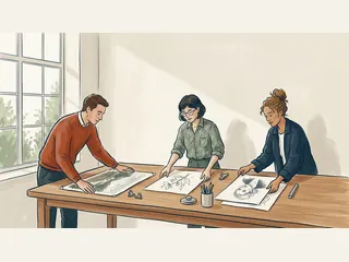 Tres estudiantes adultos preparan una exposición de dibujos sobre una mesa.