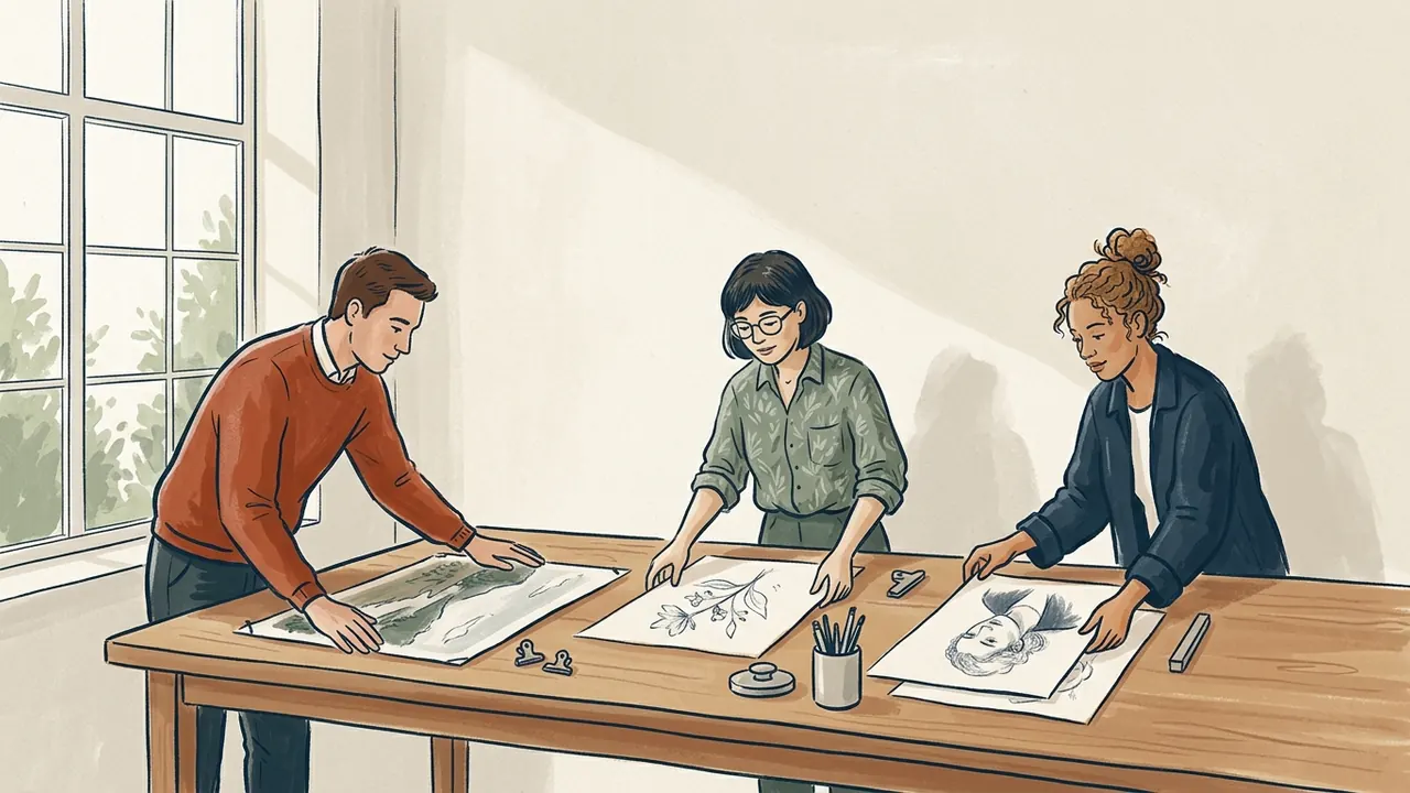 Tres estudiantes adultos preparan una exposición de dibujos sobre una mesa.