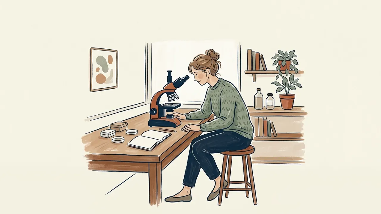 Investigadora observando un microscopio en una sala educativa.