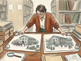 Una persona compara dos dibujos de un edificio ficticio con usos diferentes.