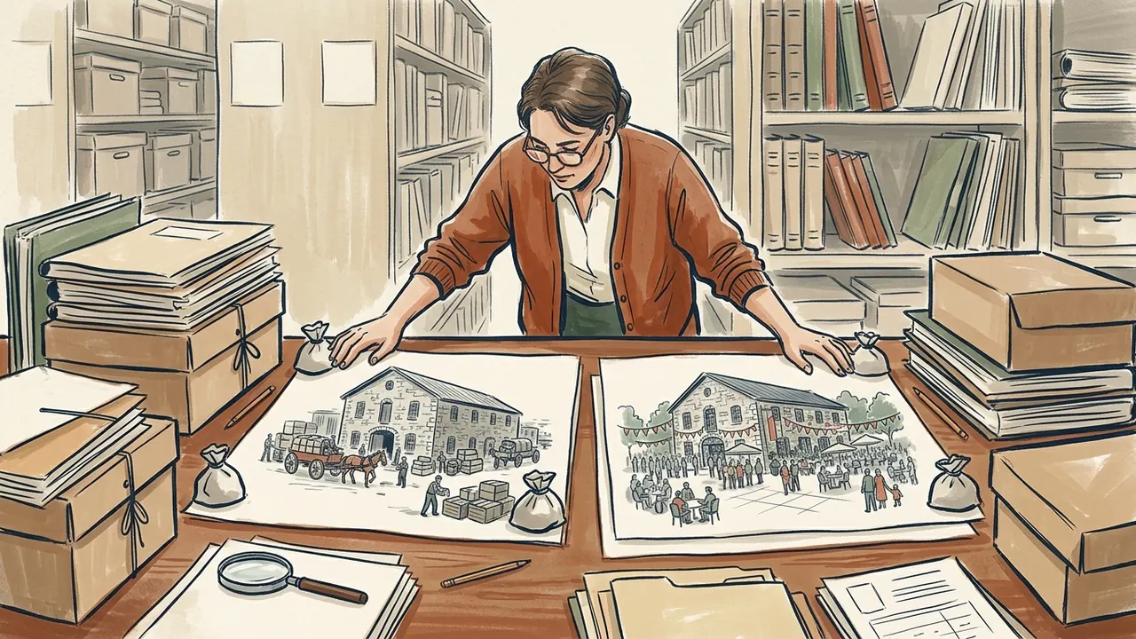 Una persona compara dos dibujos de un edificio ficticio con usos diferentes.