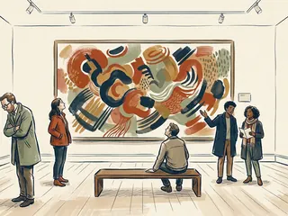 Varios visitantes contemplan una pintura abstracta en una sala de museo.