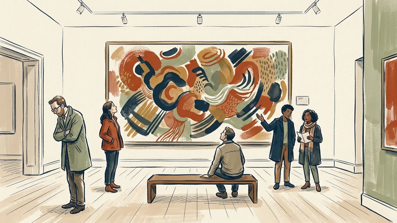 Varios visitantes contemplan una pintura abstracta en una sala de museo.