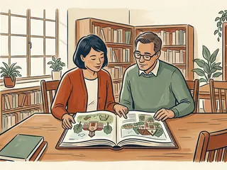 Dos personas adultas consultan un libro con dibujos de una escuela y una casa.