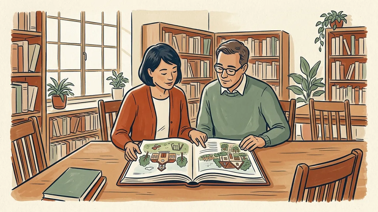 Dos personas adultas consultan un libro con dibujos de una escuela y una casa.