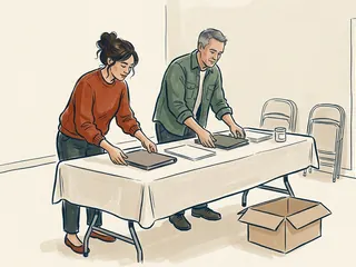 Dos personas preparan carpetas lisas en una mesa para una actividad comunitaria.