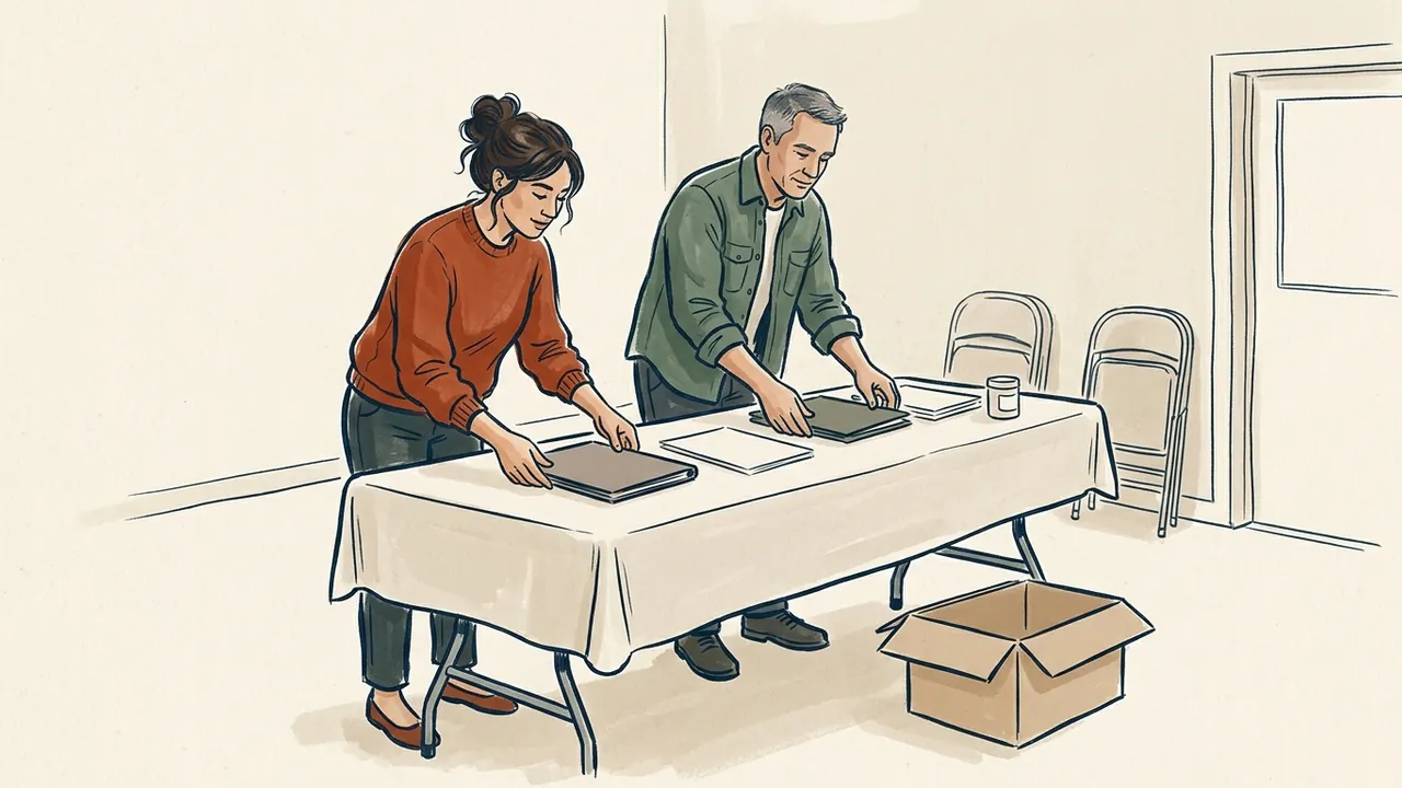 Dos personas preparan carpetas lisas en una mesa para una actividad comunitaria.