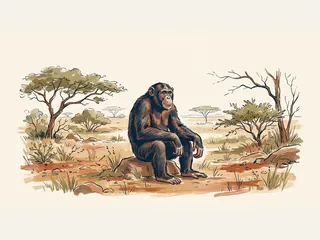 Chimpancé sentado sobre una roca en un bosque abierto de estación seca.