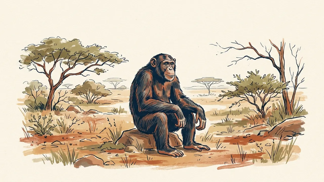 Chimpancé sentado sobre una roca en un bosque abierto de estación seca.