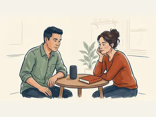 Dos personas escuchan un recurso cultural junto a un altavoz y un libro cerrado.