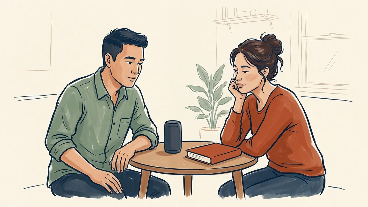 Dos personas escuchan un recurso cultural junto a un altavoz y un libro cerrado.