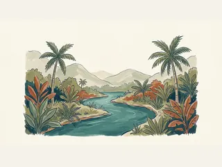 Río entre vegetación tropical y palmeras, con montañas al fondo.