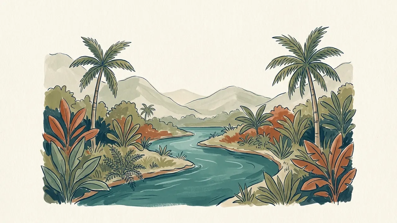 Río entre vegetación tropical y palmeras, con montañas al fondo.