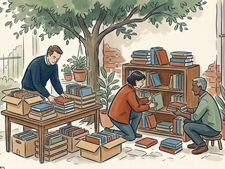 Tres personas ordenan libros y cajas para preparar una pequeña biblioteca comunitaria.