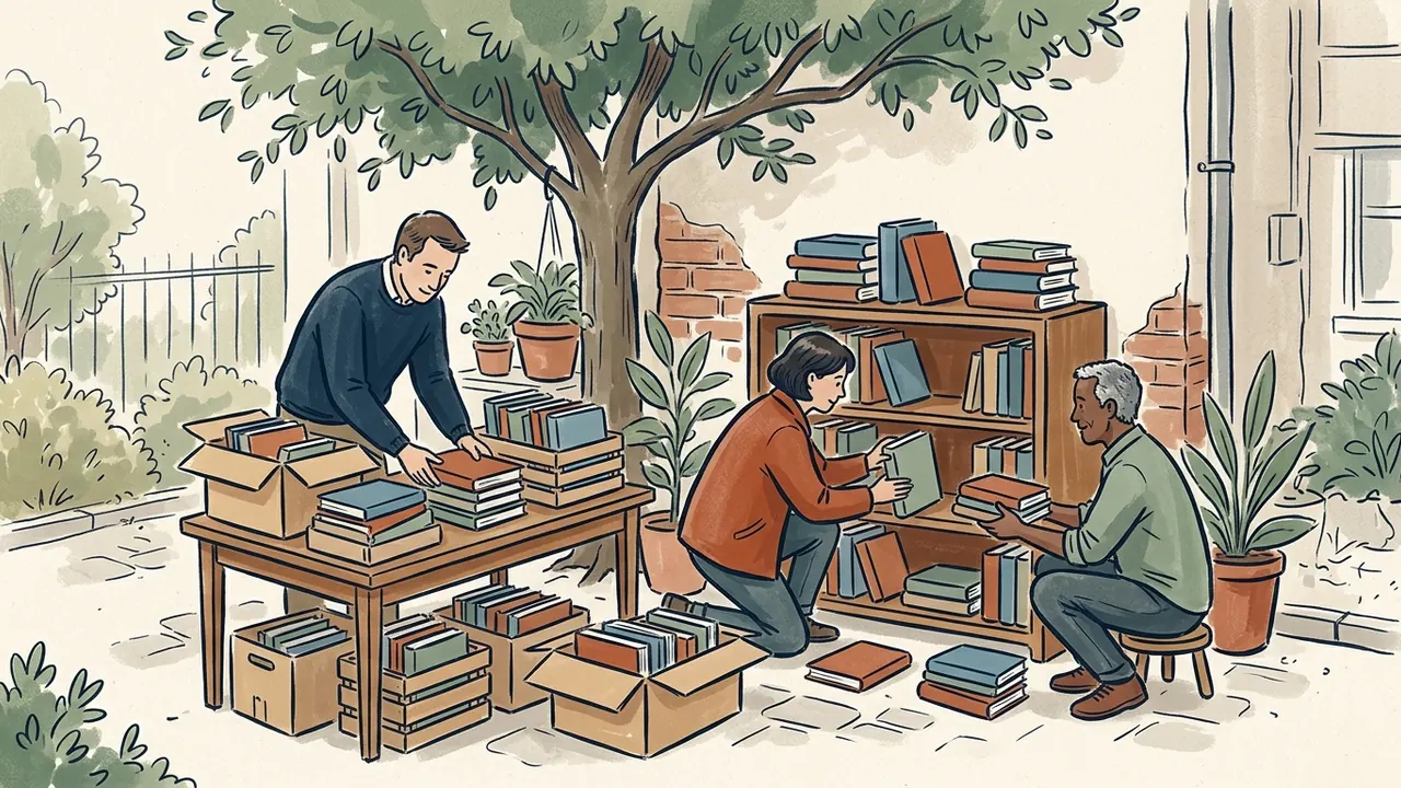 Tres personas ordenan libros y cajas para preparar una pequeña biblioteca comunitaria.