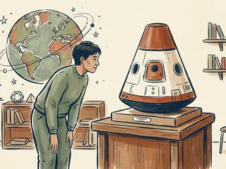 Una persona observa una maqueta ficticia de cápsula espacial en una sala educativa.