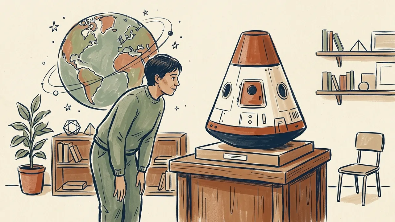 Una persona observa una maqueta ficticia de cápsula espacial en una sala educativa.