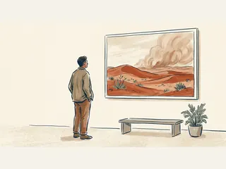 Una persona contempla una ilustración de dunas y polvo en una sala.