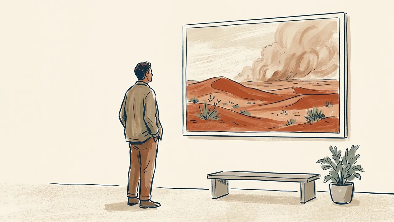 Una persona contempla una ilustración de dunas y polvo en una sala.