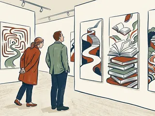 Dos visitantes observan una exposición de dibujos de libros y caminos.