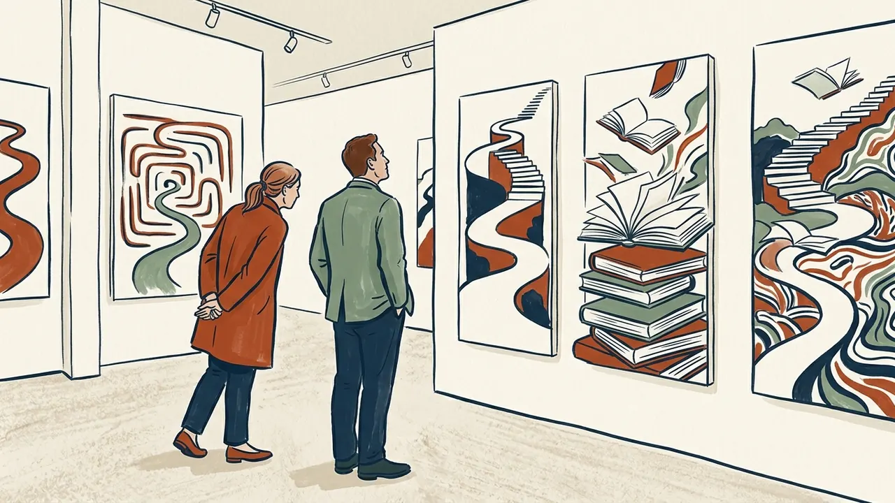 Dos visitantes observan una exposición de dibujos de libros y caminos.