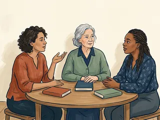 Tres mujeres conversan como iguales alrededor de una mesa con libros cerrados.