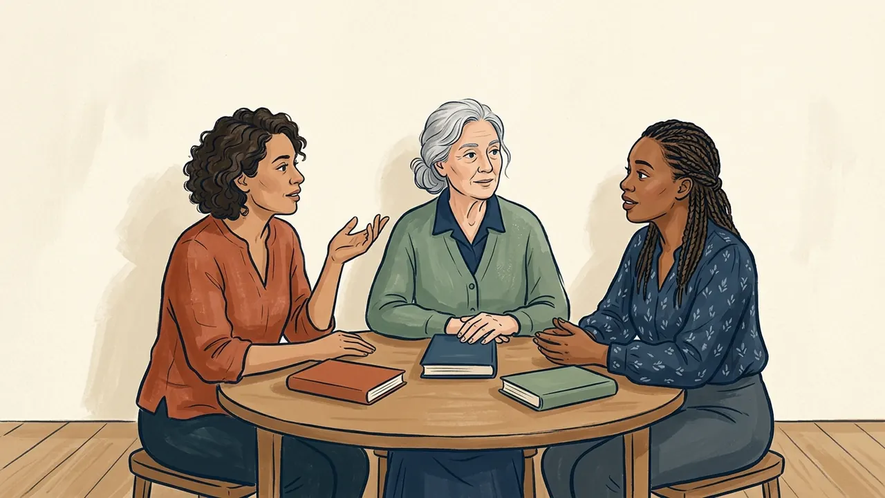 Tres mujeres conversan como iguales alrededor de una mesa con libros cerrados.