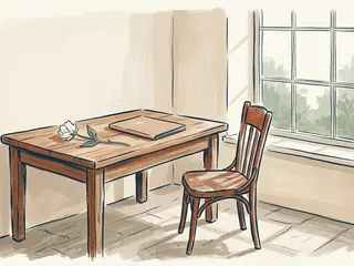 Flor blanca y carpeta cerrada sobre una mesa junto a una silla vacía.
