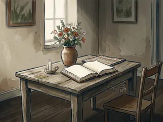 Un libro abierto y un jarrón de flores sobre una mesa en una sala silenciosa.