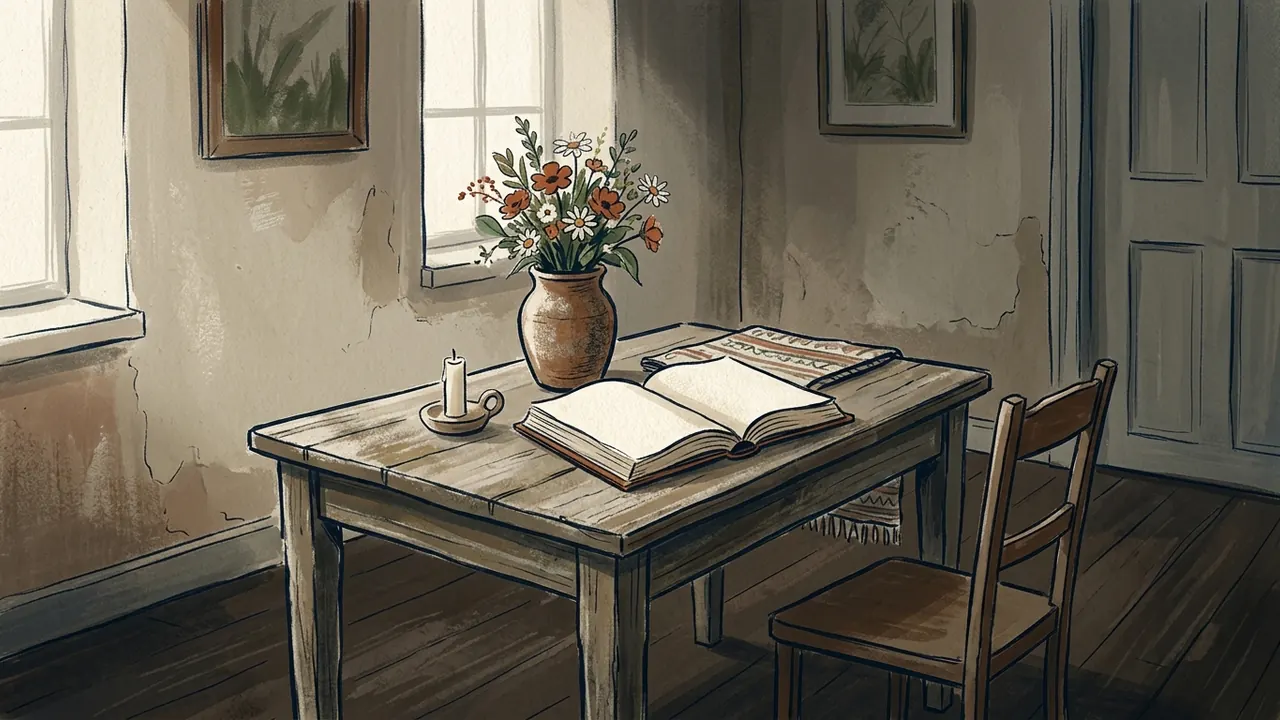 Un libro abierto y un jarrón de flores sobre una mesa en una sala silenciosa.