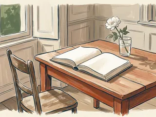 Un libro abierto de páginas lisas y una flor blanca sobre una mesa junto a una ventana.