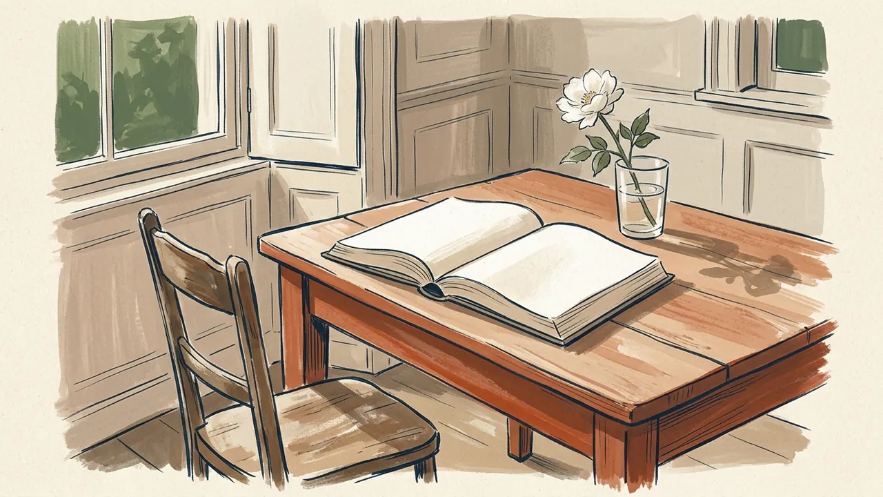 Un libro abierto de páginas lisas y una flor blanca sobre una mesa junto a una ventana.
