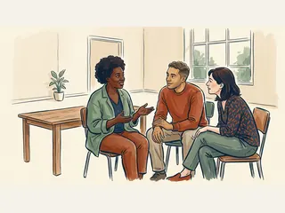 Tres personas conversan sentadas junto a una mesa en una sala luminosa.