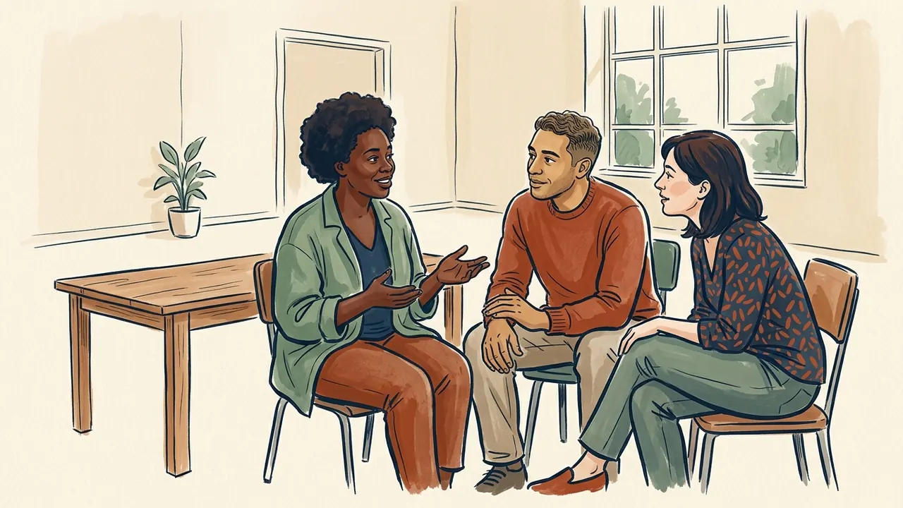 Tres personas conversan sentadas junto a una mesa en una sala luminosa.