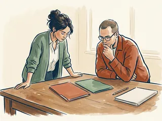 Dos personas adultas observan carpetas cerradas de colores sobre una mesa.