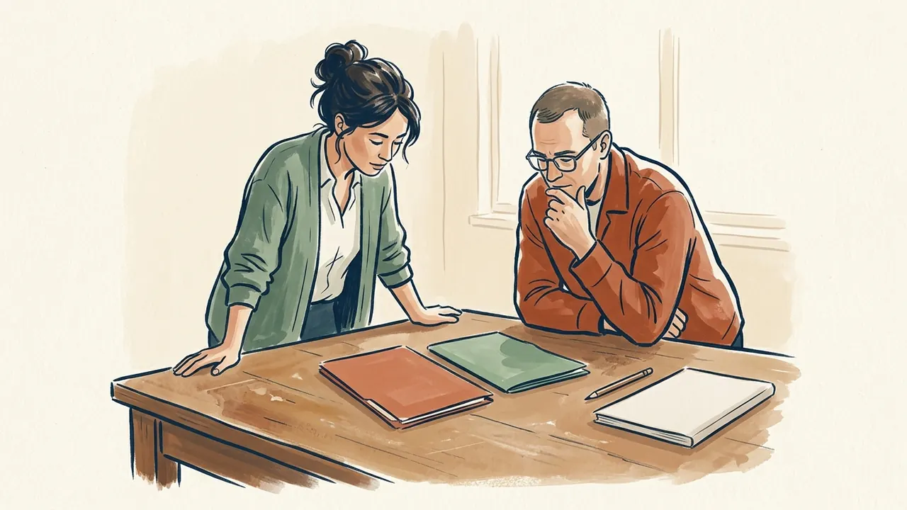 Dos personas adultas observan carpetas cerradas de colores sobre una mesa.