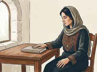Una persona adulta contempla un libro cerrado junto a una ventana.