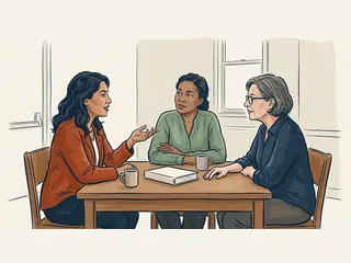 Tres mujeres adultas conversan alrededor de una mesa con un libro cerrado de cubierta lisa.