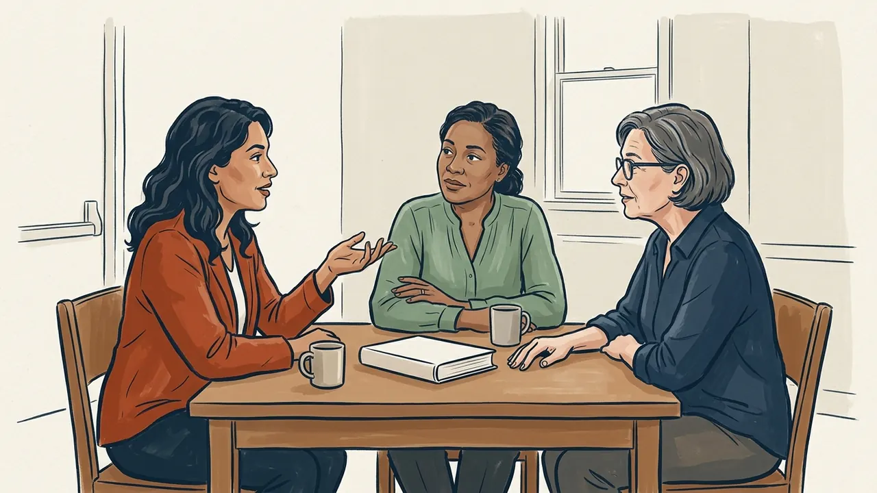 Tres mujeres adultas conversan alrededor de una mesa con un libro cerrado de cubierta lisa.