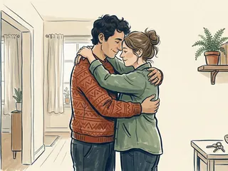 Dos personas adultas se abrazan de forma recíproca en la entrada de una casa.