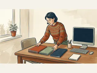 Una persona organiza carpetas cerradas sobre una mesa junto a un ordenador apagado.