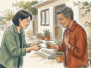 Dos personas intercambian una tarjeta en blanco junto a una casa y plantas.