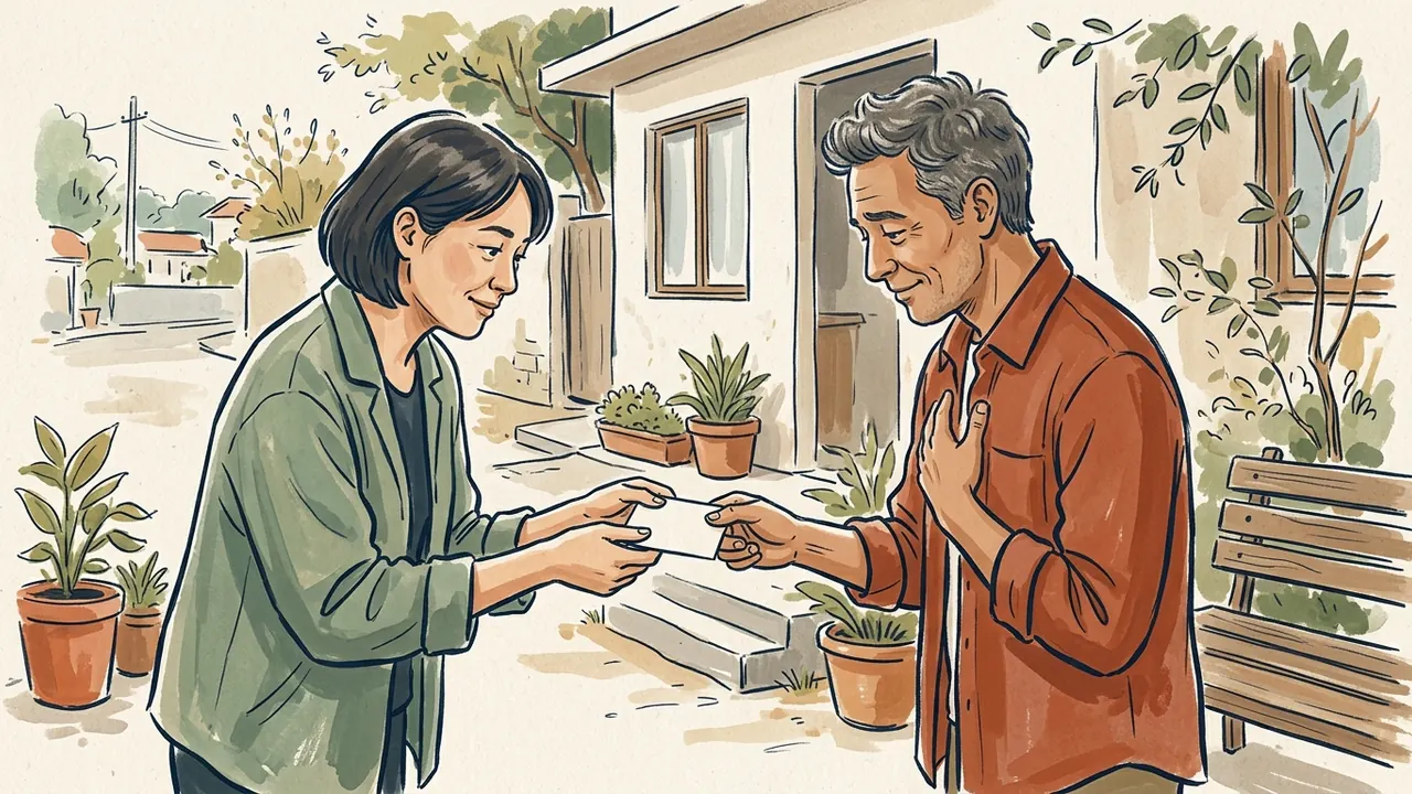 Dos personas intercambian una tarjeta en blanco junto a una casa y plantas.