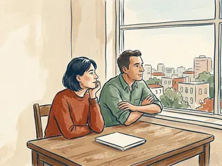 Dos personas observan desde una ventana un paisaje urbano con árboles; un cuaderno cerrado descansa sobre la mesa.