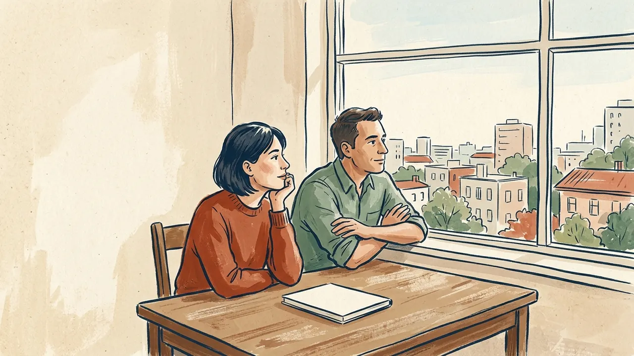 Dos personas observan desde una ventana un paisaje urbano con árboles; un cuaderno cerrado descansa sobre la mesa.