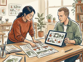 Dos personas comparan dibujos en papel con una secuencia ilustrada en una tableta.