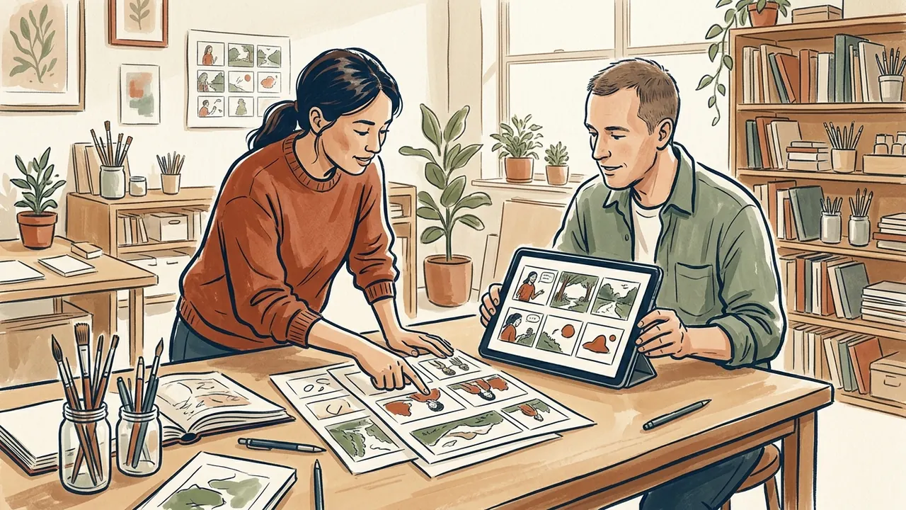 Dos personas comparan dibujos en papel con una secuencia ilustrada en una tableta.