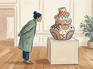 Una persona observa una pieza cerámica ficticia decorada con formas geométricas.