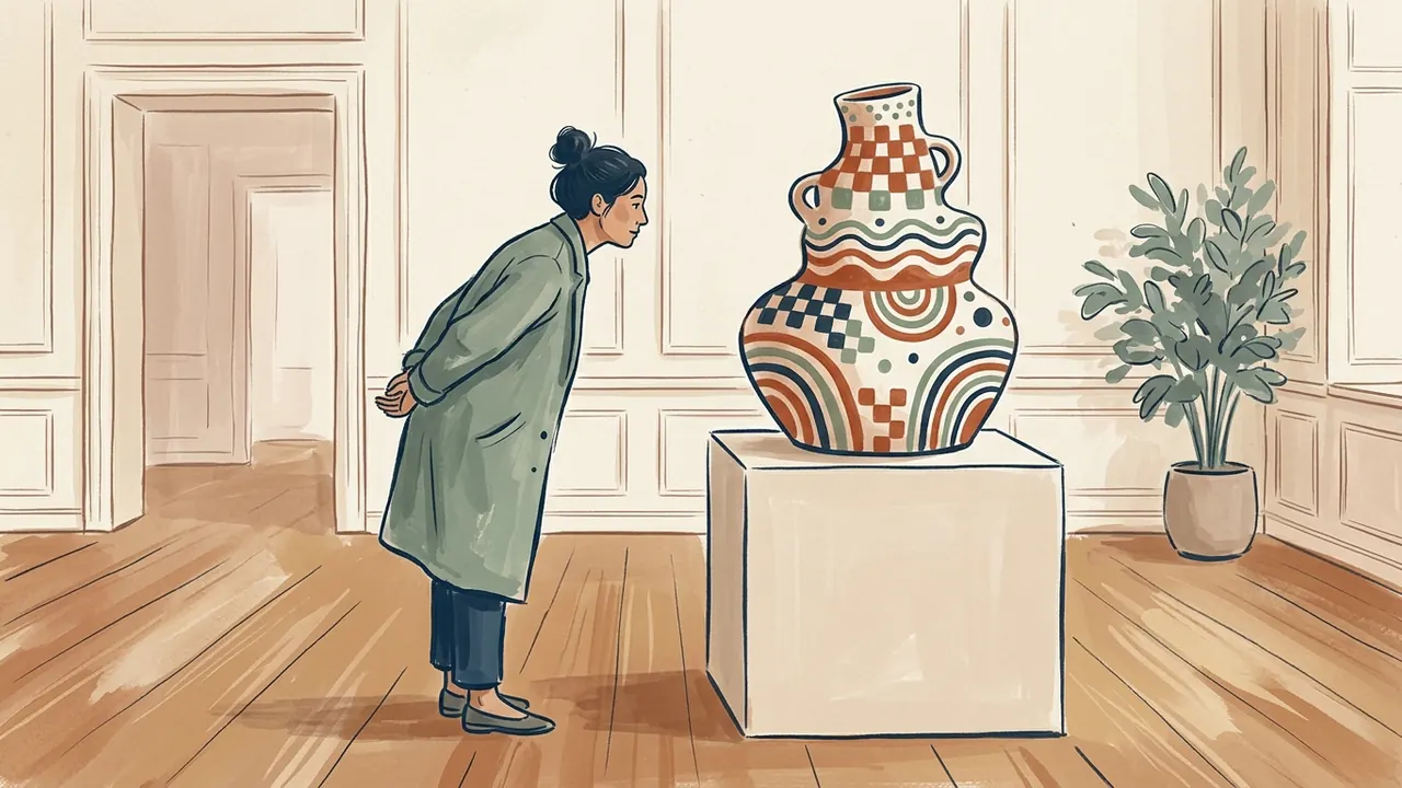 Una persona observa una pieza cerámica ficticia decorada con formas geométricas.