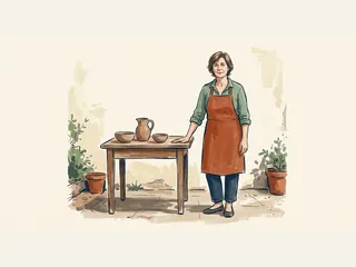 Artesana con delantal teja junto a una mesa con dos cuencos y una jarra de cerámica en un patio.